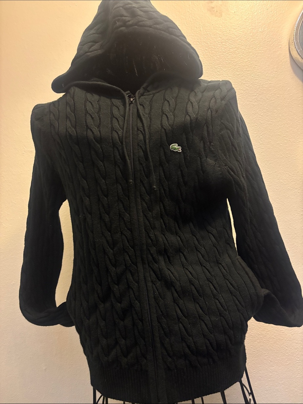 Lacoste Women’s Black Cable-Knit Hooded Zip Cardigan